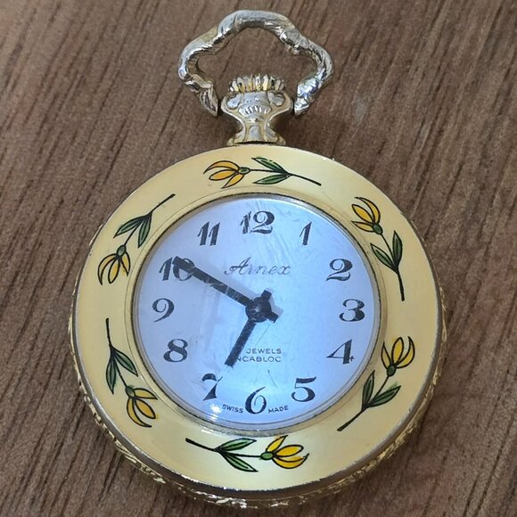 Vintage Gold Tone Arnex 17 Jewel Swiss Movement Enameled Watch Pendant - Picture 1 of 2